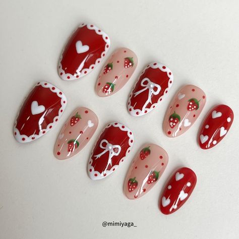 🍓🍰strawberry cake. #nail #nailart #cutenails #shortnails #kawaii #pressons #pressonnails #rednails #strawberrynails #naillove #smallbusiness #nailfashion Press On Nails Art, Strawberry Themed Nails, Cake Nails, Berry Nails, Nail Base Coat, Red Theme, Nail Polish Art, Hello Kitty Nails, Red Nail Designs