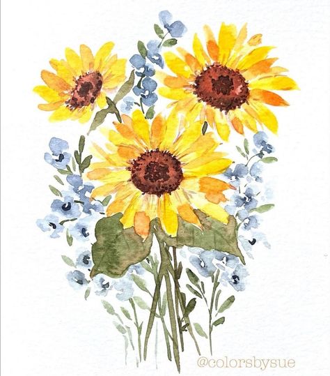 Water Colour Sunflowers, Sunflowers Watercolor Paintings, Watercolour Sunflowers Watercolor Painting, Watercolor Sunflowers Watercolour, Watercolor Sunflower Bouquet, Sunflower Bouquet Painting, Flower Drawing Sunflower, Sunflower Drawing Watercolor, Sun Flower Watercolor