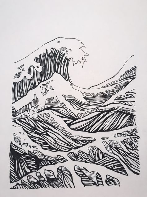 Nature Line Art Drawing, Manga Art Black And White Illustrations, Waves Graphic, Sea Drawing, Fineliner Art, Armband Tattoos, Pen Art Work, Lino Art, Japanese Drawings