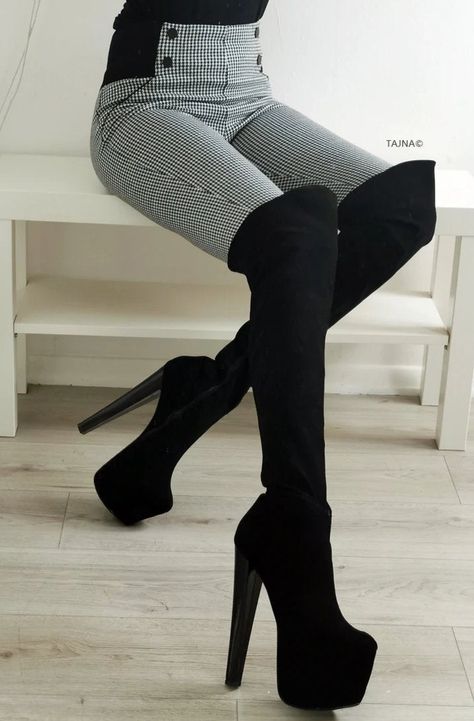 Black High Heel Over the Knee Boots - Tajna Club High Heel Clogs, Cute Shoes Heels, Thigh High Boots Heels, High Heel Platform, Long Boots, Black High Heels, Heel Boots, Thigh High Boots, Photo Colour