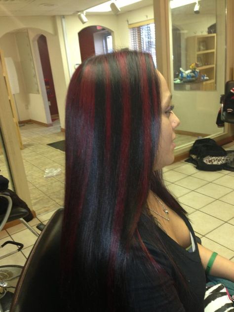 My hair..black with red highlights Black Hair Maroon Highlights, Black Hair With Red Highlights Long, Red And Black Chunky Highlights, Red And Black Highlights, Chunky Red Highlights, Black Hair Red Highlights, Different Red Hair Colors, Red Hair Streaks, Emo Hair Color