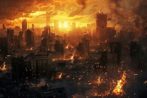 A city is destroyed by fire and the sky is dark and cloudy generative ai image | Premium AI-generated image City On Fire, Trial By Fire, Sun Background, Logo Psd, Studio Backdrops, Free Business Card Mockup, Cover Ideas, City Landscape, Flyer Maker