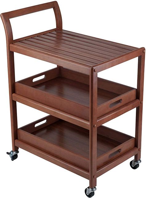 Amazon.com - Winsome Albert Entertainment Kitchen Cart, Walnut - Kitchen Islands & Carts Bar Serving Cart, Slatted Shelves, Walnut Kitchen, Tea Cart, Wood Wine Racks, Serving Cart, Wood Shelf, Furniture Finishes, Get The Party Started