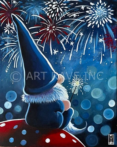 Gnome Painting, Gnome Paint, Gnome Pictures, Patriotic Art, Holiday Painting, Canvas Painting Diy, Gnomes Crafts, Spring Painting, Night Painting