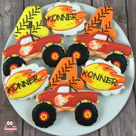 Monster Truck Cookies, Cookies for him, Blaze Cookies Blaze Cookies, Monster Truck Theme Birthday Party, Truck Cookies, Monster Truck Cookies, Blaze Birthday Party, Blaze Party, Monster Jam Birthday, Blaze Birthday, Birthday Party Desserts