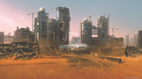 Desert Cyberpunk City, Desert Ruins Concept Art, Desert Cyberpunk, Cyberpunk Desert, Desert Ruins, Cyberpunk Cities, Desert Punk, Apocalyptic City, Landscape Anime