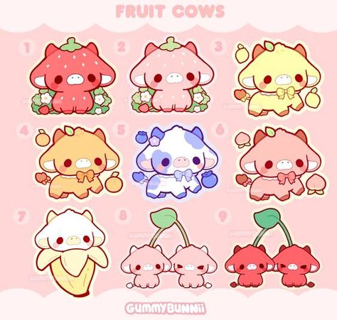 Fruit Cows Vinyl Sticker- Stickers - Cute - Decal cut - strawberry lemon cherry blueber #StickerCollector Fruit Cows, Strawberry Lemon, Vinyl Stickers, Cartoon Animals, Cow, Cherry, Lemon, Vinyl, Fruit