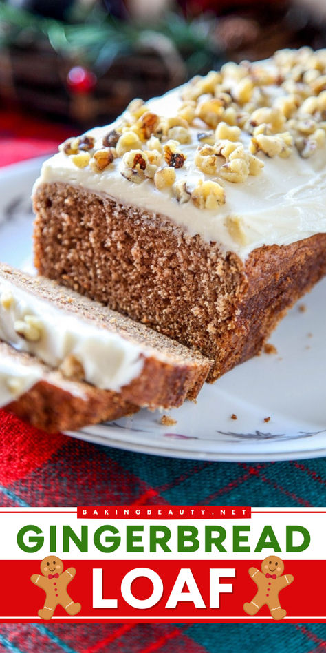 It's moist, it's rich, with just the right amount of spice! You'll love this Christmas dessert idea. It's a gingerbread loaf with cream cheese frosting on top of it. It's a rich holiday baking recipe, the perfect sweet treat to make at home. Christmas Bakery Recipes, Loaf Dessert Recipes, Gingerbread Loaf With Cream Cheese Icing, Christmas Dessert Bread, Christmas Sweet Breads, Christmas Baking Bread, Christmas Bread Loaf, Holiday Baking Bread, Starbucks Gingerbread Loaf Recipe