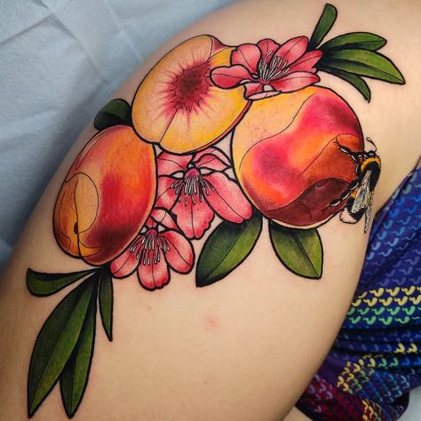 Nectarine Tattoo, Traditional Peach Tattoo, Georgia Peach Tattoo, Peach Tree Tattoo, Peaches Tattoo, Peach Tattoos, Fruit Tattoos, 00 Tattoo, Food Tattoo