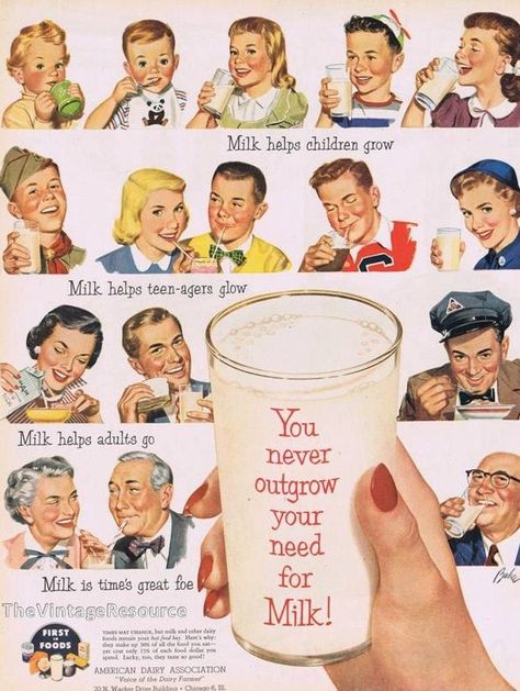 1950's Milk ad American Kitsch Graphic Design, Milkman Aesthetic, American Kitsch, 50s Ads, Milk Ads, 1950s Ads, 1950s Advertising, Milk Man, Farm Craft