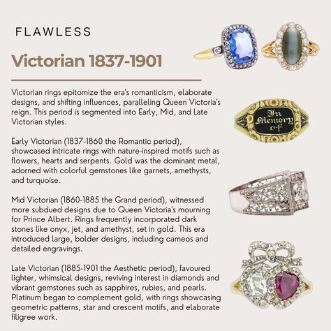 History lovers, We have summarised the Ring styles of the Victorian Era 1837-1901 👑 for you! It’s been inspiring reflecting on how much culture shapes the design and necessities of rings. Next up: Edwardian Rings 💐 Artwork: Queen Victoria and Prince Albert’s Love token Painting by Winterhalter 19th cent. #antiquerings #antiquering #vintagerings #history #jewelleryhistory #victorianrings #antiquerings Edwardian Rings, Victorian Rings Vintage, Queen Victoria And Prince Albert, Rings With Meaning, Victoria Reign, Intricate Rings, Romantic Period, Edwardian Ring, The Victorian Era