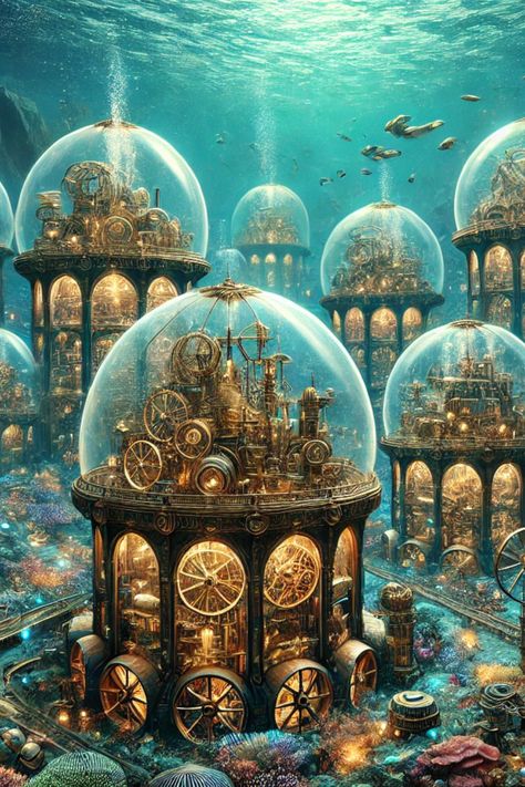 Explore the stunning steampunk oceanic biodomes, where advanced hydro-powered technology and bioluminescent coral reefs create a vibrant and eco-friendly underwater city. Fantasy Ocean City, Bioluminescent Coral, Underwater Facility, Underwater Civilization, Image Prompts, Steampunk City, Steampunk Aesthetic, Underwater City, Renewable Sources Of Energy