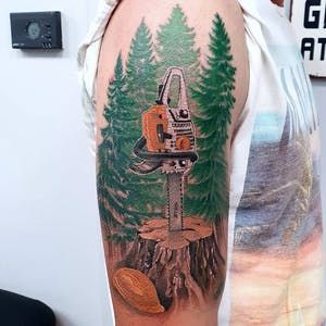 Skidder Tattoo, Arborist Tattoo, Lumberjack Tattoo, Chainsaw Tattoo, Redwood Tattoo, Father Son Tattoo, Jack Tattoo, Shoulder Tats, Son Tattoo