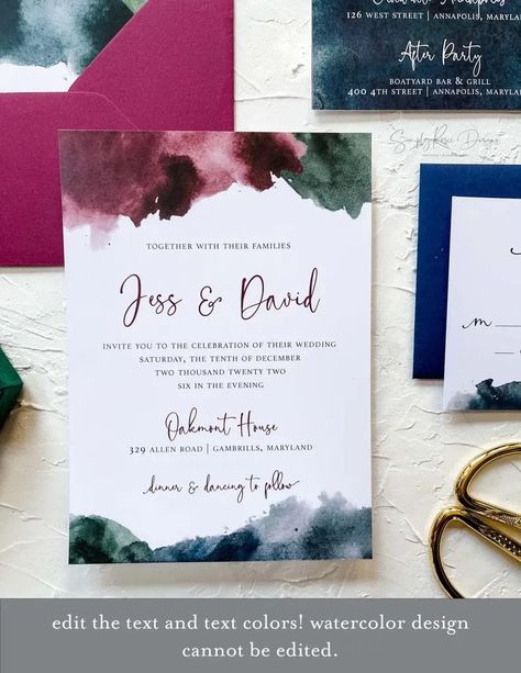 Jewel Tone Wedding Invitations, Plum Wedding Invitations, Burgundy Invitations, Plum Wedding, Jewel Tone Wedding, Jewel Tone Colors, Invitation Wedding, Watercolor Wedding Invitations, Printable Wedding Invitations