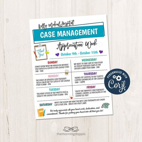 #CaseManagementWeek #CaseManagers #CaseManagerWeek #CaseManagementAppreciation #HospitalAppreciation Case Management Appreciation Week, Case Management Week Ideas, Case Manager Week Gift Ideas, Case Management Week Gift Ideas, Case Management Week, Case Management, Flyer Poster, Engagement Ideas, Employee Engagement