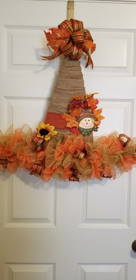 Burlap Witch Hat Wreath, Scarecrow Wreath From Witch Hat, Fall Witch Hat Wreath, Witch Hat Metal Frame, Which Hat Wreath, Dollar Tree Hat Wreath, Fall Hat Wreath, Dollar Tree Wire Witch Hat, Witch Hat Wreath Form Ideas