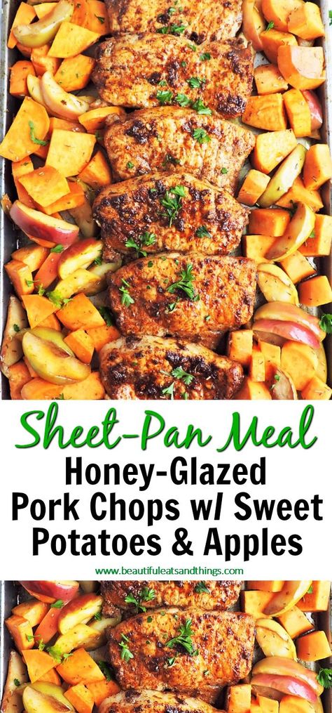 Pork Chops With Sweet Potatoes, Honey Glazed Pork Chops, Pan Pork Chops, Pork Chops And Potatoes, Apple Pork, Apple Pork Chops, Sweet Pork, Glazed Pork Chops, Easy Sheet Pan Dinners