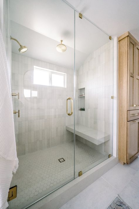 Glassless Shower Walk In Master Bath, Shower Opposite Vanity, Coastal Modern Bathroom Design, Shower With Accent Wall, Neutral Master Bath, Custom Showers, Master Bath Shower, Master Shower, Steam Shower