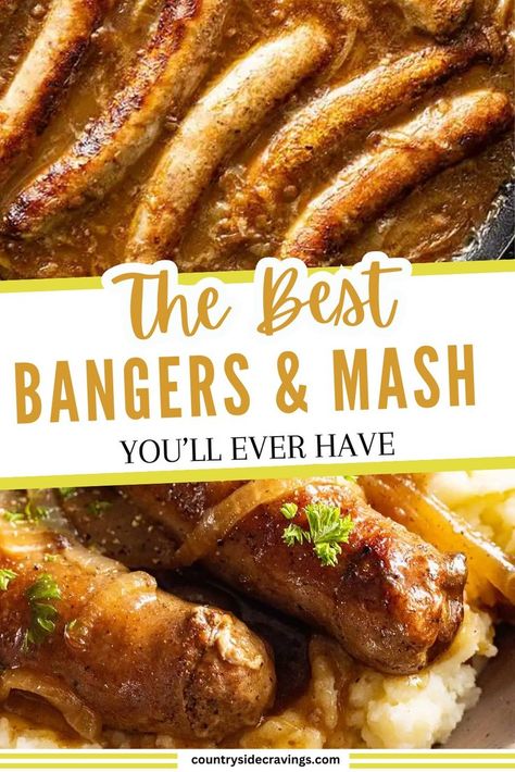 Savor The Best Bangers & Mash You'll Ever Have! Juicy sausages paired with creamy mashed potatoes and rich onion gravy make this a comforting classic you won't forget. Perfect for a hearty meal any day of the week. British Bangers, Bangers Recipe, Bangers And Mash Recipe, Potatoes And Sausage, Sausage And Mash, Recipes Using Ground Beef, Skillet Dinner Recipes, Best Sausage, Mash Recipe