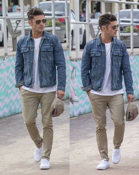 Winter Outfit Street Style, Street Style For Men, Winter Outfits Street Style, Outfit Street Style, Denim Jacket Outfit, Mens Casual Outfits Summer, Stylish Men Casual, Style For Men, Zac Efron