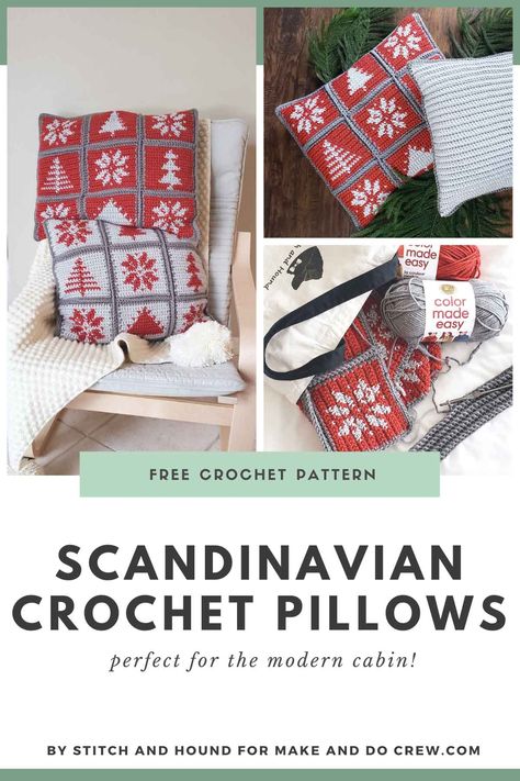 Make this Christmas tapestry crochet pattern and enjoy your Scandinavian-inspired pillows all winter long! The snowflake and tree patterns will give you all the hygge-vibes. Free pattern featuring Lion Brand Color Made Easy chunky yarn. #makeanddocrew #tapestrycrochet #freecrochetpattern #christmascrochetpattern Scandinavian Crochet Patterns, Crochet Scandinavian, Change Colors In Crochet, Modern Haken, Crochet Deer, Christmas Crochet Pattern, Crochet Shrug Pattern, Crochet Cushion Cover, Crochet Pillow Pattern