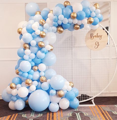 Blue White And Gold Balloon Garland, Blue Gold Balloon Garland, 18th Decorations, Boy Balloon Garland, Baloon Garland, Happy Birthday Hand Lettering, Baby Boy Balloons, Baby Birthday Party Decorations, Black And White Balloons