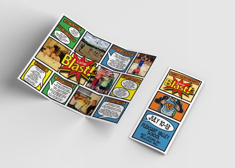 Comic book style brochure design for camp superhero themed program. Comic Book Brochure, Comic Brochure, Camp Brochure, Comics Ideas, Calligraphy Designs, Literary Art, Brochure Design Creative, Pamphlet Design, Design Comics