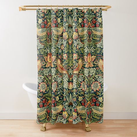 Shower Curtain Green, Green Shower Curtain, Curtain Green, The Strawberry Thief, William Morris Patterns, Green Shower Curtains, Colorful Shower Curtain, Unique Shower Curtain, Strawberry Thief