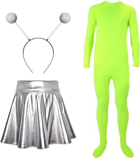 Shihanee Halloween Alien Costumes for Women with Metallic Holographic Skirt Alien Antenna Headband Women Whole Bodysuit **this is an affiliate link Glow Halloween Costume, Alien Costume Women’s, Simple Alien Costume, Ailen Costume, Female Alien Costume, Womens Alien Costume, Single Halloween Costumes For Teens, Diy Alien Costume Women, Adult Alien Costume