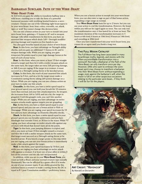 Lycanthropy Barbarian, Druid, and Warlock subclasses for D&D 5e - Imgur Dnd Lycanthrope, Barbarian Druid, Dnd Barbarian, Dnd Subclasses, Homebrew Classes, Barbarian Dnd, Dungeons And Dragons Rules, Dungeons And Dragons Races, Dnd Homebrew