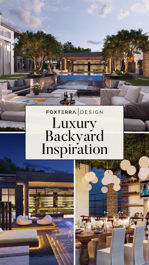 Read this post to see three luxury yard designs to inspire your future yard transformation with ideas to use in your space.  Luxury backyard landscaping can transform your luxury home exterior into your own private resort.  Ready to create your dream yard?  Book a design consultation today, we design worldwide! Spa Outdoor Design, Modern Backyard Landscaping With Pool, Luxury Backyard Landscaping, Luxury Patio Design, Dream Backyard Luxury, Luxury Outdoor Living Space, Luxury Pool Designs, Luxury Backyards, Luxury Home Exterior