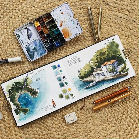 Voyage Sketchbook, Kunstjournal Inspiration, Travel Journal Scrapbook, Travel Art Journal, Travel Sketchbook, Watercolor Journal, Watercolour Inspiration, Sketchbook Art Journal, Travel Sketches