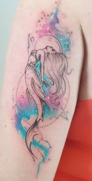 Anime Mermaid Tattoo, Nautical Half Sleeve Tattoos For Women, Mermaid In Space Tattoo, Scorpio Mermaid Tattoo, Space Mermaid Tattoo, Mermaid Forearm Tattoo, Simple Mermaid Tattoo Ideas For Women, Mermaid Shoulder Tattoo, Reborn Tattoo Ideas