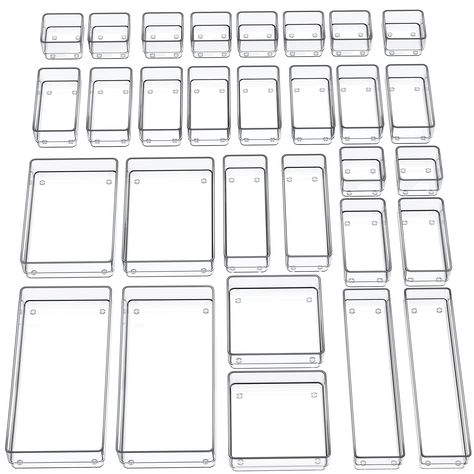 PRICES MAY VARY. Multiple Sizes - 7 different sizes and 30 pieces trays offer you customize combinations to store stuff and organize drawer for your specific needs! Size: 8.9 x 5.9 x 1.9 IN (2 Pcs), 5.9 x 5.9 x 1.9 IN (2 Pcs), 5.9 x 3 x 1.9 IN (10 Pcs), 3 x 3 x 1.9 IN (10 Pcs), 8.9 x 3 x 1.9 IN (2 Pcs), 12 x 3 x 1.9 IN (2 Pcs), 12 x 5.9 x 1.9 IN (2 Pcs) Durable and Non-Slip Material - The drawer organizers made by durable PS plastic, ensure the long life of use. Silicone non-slip pads at the bot Diy Closet Storage, Desk Drawer Organizer, Closet Organizer With Drawers, Alex Drawer, Desk Drawers, Plastic Drawer Organizer, Bathroom Drawers, Makeup Drawer, Vanity Drawers