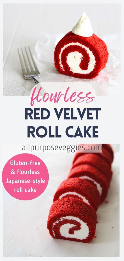 There is nothing quite like a delicious slice of red velvet cake at Christmas, and this soft & airy Melt in Your Mouth Red Velvet Swiss Roll Cake is sure to please everyone around the table. If you're looking for a show-stopping, festive, and decadent dessert that is also gluten free, you've come to the right recipe. This delicious cake is made with eggs, sugar, heavy cream, cornstarch and cocoa powder - and no flour! #rollcake #swissroll #glutenfreecake #flourless #redvelvetcake Flourless Red Velvet Cake, Gluten Free Red Velvet Cheesecake, Gluten Free Roll Cake, Gluten Free Swiss Roll Cake, Red Velvet Roll Cake Recipe, Gluten Free Red Velvet Cake Recipe, Red Velvet Roll Cake, Red Velvet Swiss Roll, Red Velvet Roll