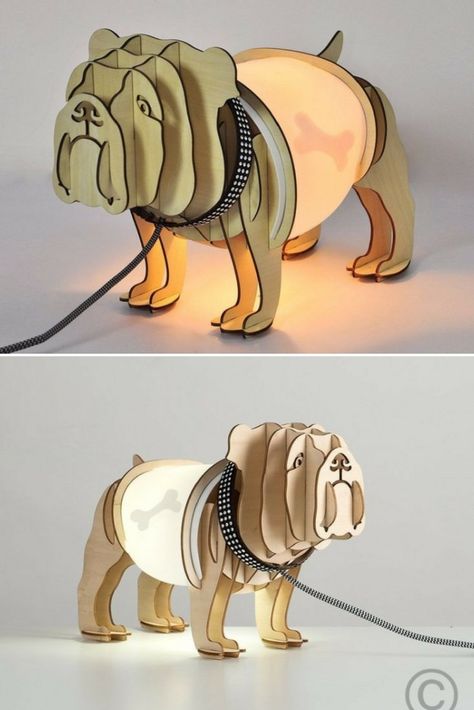 Cute Bulldog Table Lamp - Table Lamps - A fantastic table lamp – Intricate wooden profiles in the shape of a bulldog. The area of the stomach contains the bulb and when lit, reveals – as an xray – the dog’s bone consumed. The effect is completed by the diamond encrusted collar and the leash (thread with... #Bedside #Concept #Handmadelighting #Lamp #Lightbulb #Lighting #Lightingdesign #Modernlighting #Tablelamp #Woodlamp #Woodworking Funky Table Lamp, Best Desk Lamp, Animal Lamp, Cute Bulldogs, Animal Magic, 3d Laser, Handmade Lighting, Room Lamp, Wood Lamps