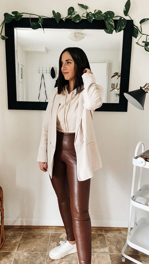 theconfidentlycaffeinated on Instagram: Fun fall staple piece for the closet from @joefresh - Brown leather leggings styled three ways 🤎 #joefresh #fallstaples #falloutfitinspo��… Brown Leather Leggings Outfit Winter, Pleather Legging Outfits Casual, Brown Leggings Outfit Fall, Brown Faux Leather Leggings Outfit, Brown Leather Leggings Outfit, Brown Leather Leggings, Leather Leggings Outfit Winter, Brown Faux Leather Leggings, Brown Leggings Outfit