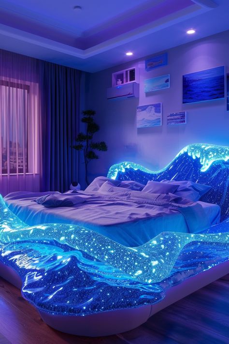 Experience the magic of bioluminescent wave beds and drift into a sea of tranquility every night! 🌊✨ Elevate your sleep sanctuary with these enchanting creations. #BioluminescentWaves #DreamyBedrooms #SleepInspiration #SoothingSpaces #RelaxationStation #BedroomGoals Light Up Bed, Beach Astethic, Sleep Inspiration, Preppy Dorm Room Decor, Sea Of Tranquility, Preppy Dorm Room, Sea Bed, Awesome Houses, Relaxation Station