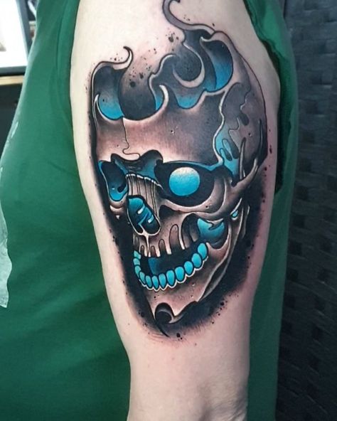 Colored Tattoo For Men, Skull Tattoo Design For Men, Colour Tattoo Men, Color Tattoo For Men, Cover Up Tattoos For Men, Colour Tattoo, World Famous Tattoo Ink, Evil Tattoo, Back Piece Tattoo