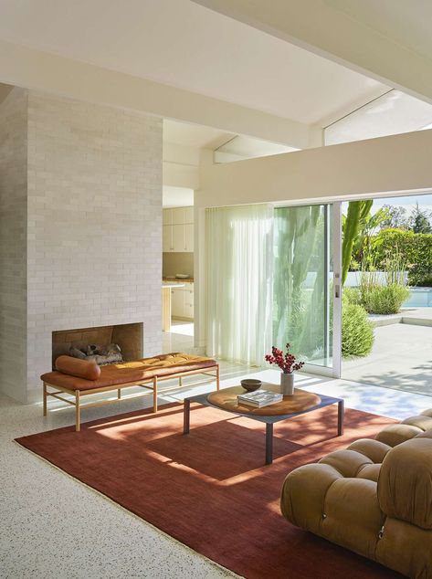 Custom-Mixed Terrazzo Floors Lay the Groundwork for the Glow Up of an L.A. Midcentury - Dwell Terrazzo Floor Tiles Living Room, Terrazzo Floor Living Room, Terrazzo Living Room, Terrazzo Flooring Living Room, Concrete Floors Living Room, Terazzo Floor, Terrazzo Floor Tiles, Small Beach Houses, Tile Floor Living Room