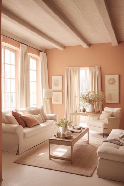 Salmon Color Living Room, Peach Wall Living Room, Peachy Living Room, Light Peach Living Room, Salmon Walls Living Room, Salmon Pink Living Room, Peach Living Room Ideas, Peach Color Room Ideas Bedrooms, Salmon Color Bedroom Walls