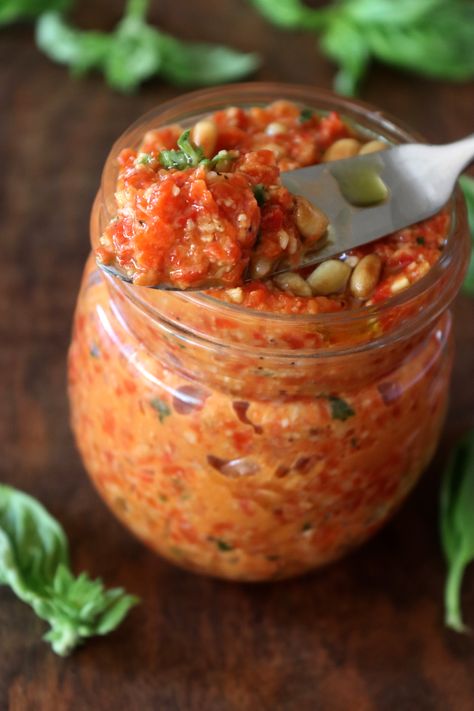 Red Pepper Pesto Recipe, Red Pepper Pesto, Pepper Pesto, Red Pesto, How To Make Pesto, Toasted Pine Nuts, Pesto Recipe, Pesto Sauce, Roasted Peppers