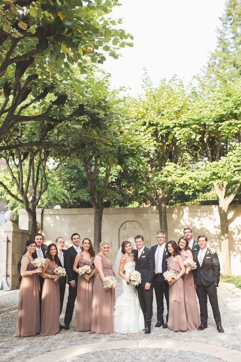 Mocha bridesmaids, dark charcoal groomsmen? Photography: Maria Vicencio Photography - mariavicencio.com Bridesmaid Dresses With Groomsmen, Charcoal Groomsmen, Taupe Bridesmaid, Meridian House, Winter Wedding Bridesmaids, Taupe Wedding, Bridal Parties Colors, Taupe Bridesmaid Dresses, Winter Bridesmaids