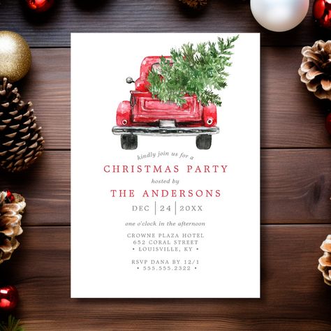 Retro Christmas Party, Family Christmas Dinner, Christmas Party Host, Retro Watercolor, Corporate Holiday Party, Red Truck Christmas, Christmas Holiday Greetings, Nostalgic Design, Vintage Red Truck