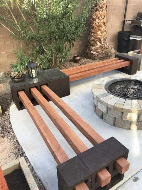 Dreams Home & Garden | DIY Concrete Block Bench | Facebook Concrete Block Bench, Rustic Fire Pit Ideas, Rustic Fire Pit, Cinder Blocks Diy, Yard Benches, Cinder Block Furniture, Cinder Block Fire Pit, Cinder Block Bench, Block Bench