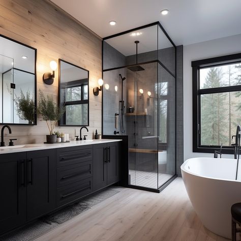 Prepare to be captivated by the striking allure of a stunning black designed modern farmhouse. Every element of this architectural… | Instagram Makeover Kamar Mandi, Large Bathroom, Bathroom Design Decor, Bathroom Remodel Designs, Bathroom Inspiration Decor, Dream House Interior, Shower Remodel, House Bathroom, Bathroom Remodel Master