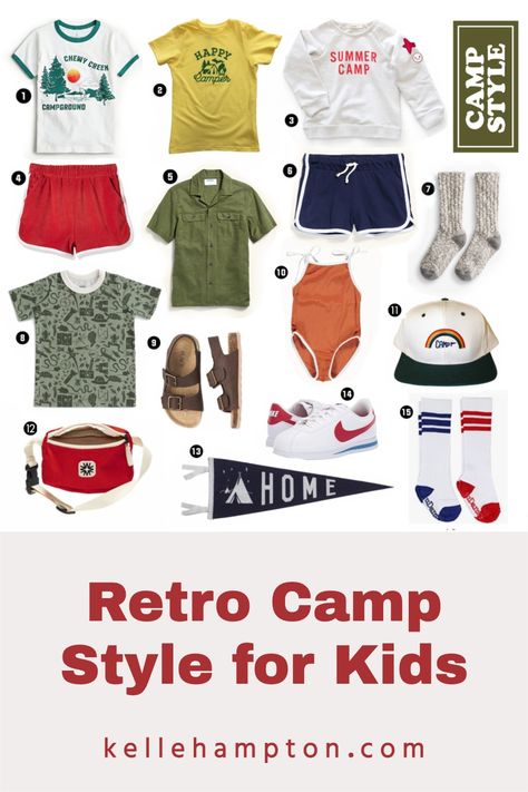 A few of my favorite kids' camp clothes/accessories and sources! Summer Camp Accessories, Camp Uniform, Camp Counselor Outfit, Camp Merch, Summer Camp Style, Summer Camp Boys, Camp Clothes, Summer Camp Outfits, Kids Camping Gear