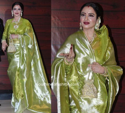 Rekha Tissue Saree, Kanjeevaram Tissue Silk Saree, Kanjivaram Tissue Silk Saree, Rekha In Kanjeevaram Sarees, Rekha Sarees, Green Tissue Saree, Gajra Bun, Deep Red Lip, Full Sleeves Blouse