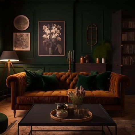 Green Living Room Color Scheme Walls, Green Living Room Color Scheme, Modern Green Living Room, Green Walls Living Room, Dark Green Living Room, Moody Living Room, Green Accent Walls, Green Living Room, Accent Walls In Living Room