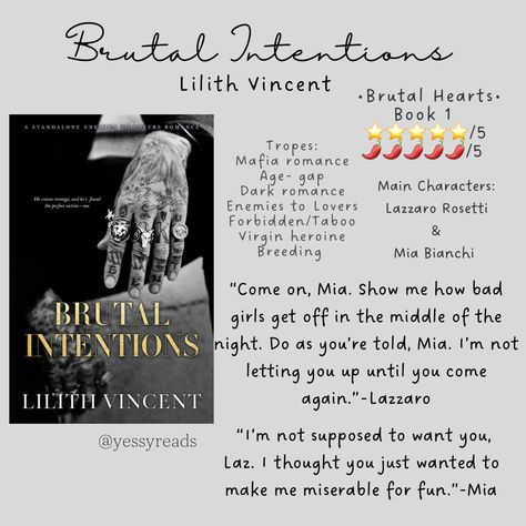 Dark Mafia Romance Book review please give credit if repost Brutal Intentions Book, Best Mafia Romance Books Wattpad, Dark Mafia Romance Books, Brutal Intentions, Lilith Vincent, Mafia Dark Romance, Mafia Romance Books, Mafia Books, Dark Mafia Romance